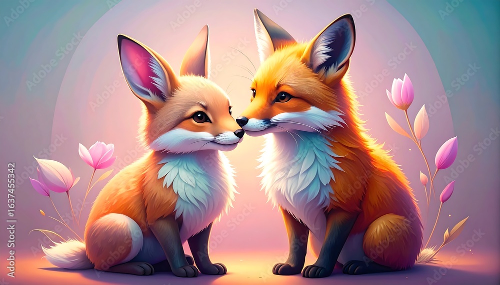 Fototapeta premium Two adorable fox cubs, close together, in a soft, pastel setting