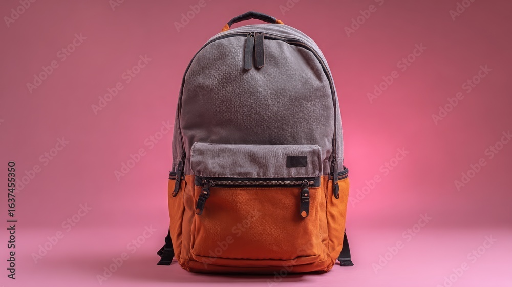 Fototapeta premium Gray and orange backpack on pink background