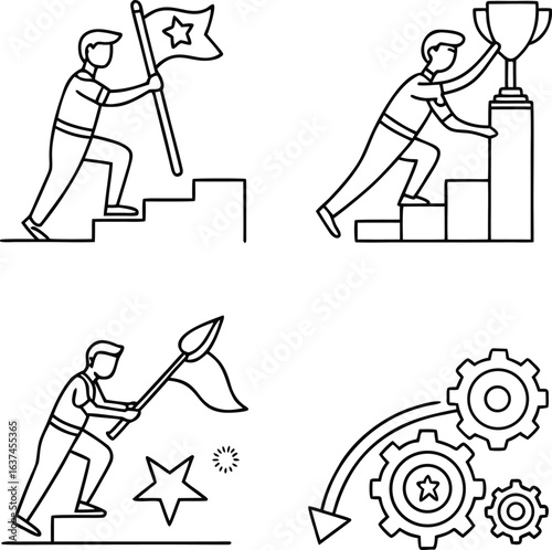 Vector art of man climbing stairs with flag and trophy.