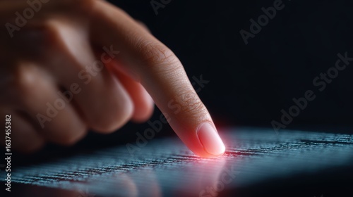 Close-up of a human hand pointing to a clause in a glowing digital policy document, cybersecurity governance. Compliance, regulation. Dark, vibrant.