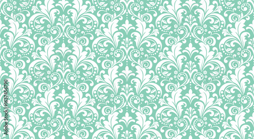 Wallpaper in the style of Baroque. White and green floral ornament. Seamless vector background. Graphic pattern for fabric, wallpaper, packaging. Ornate Damask flower illustration