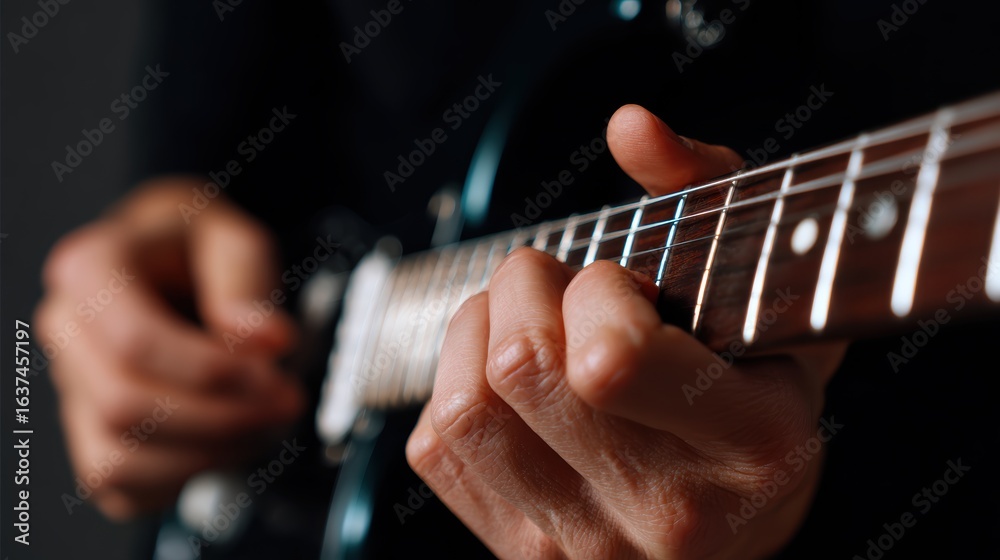 Fototapeta premium Hands of person adjusting strings on electric guitar