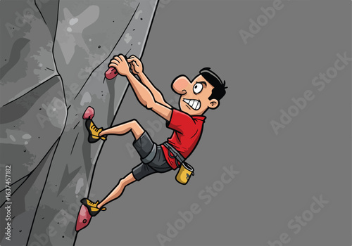 Cartoon man climbs up a rock wall using grips on gray backdrop, for illustrating concepts