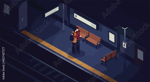 Couple hugging goodbye on a subway platform as train waits. Graphic for ads