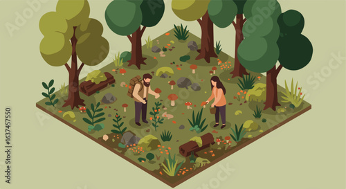 Isometric view of people harvesting mushrooms in a forest with trees and greenery