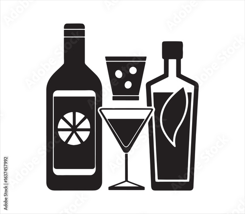 Black and white illustration of alcoholic drinks bottles and glasses perfect for bar or restaurant menu design and beverage concept presentation
