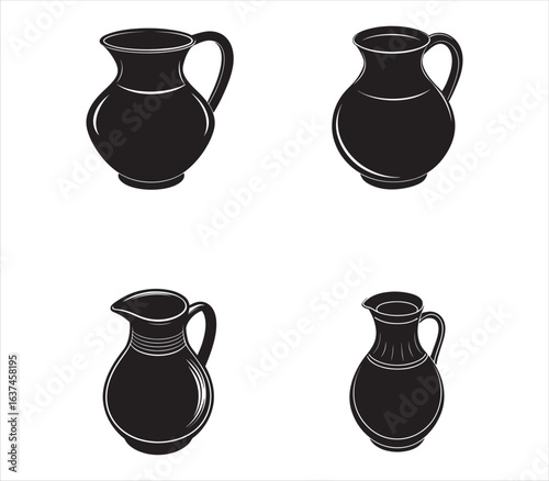 Four black pitcher vector art on a white background kitchen utensils for cooking or food related projects graphics elements vintage style isolated design