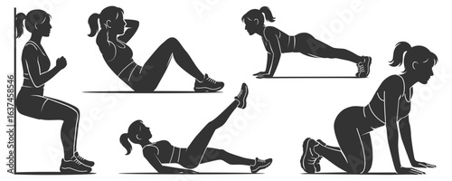 Set illustration of healthy lifestyle. Woman practicing pilates. Female engaging fitness and exercise routines. Bundle design workout activity push up, leg circles, four point knee.