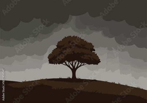 Silhouette tree on hill at dusk with dark clouds for fantasy, horror, or nature themes
