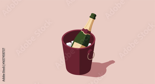Chilled bubbly bottle in ice bucket on plain backdrop, for event invitation use