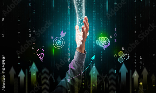 AI empowering human potential concept. Artificial intelligence's hand pulls a man's hand up to  help people grow, improve and achieve greater success in the digital era.