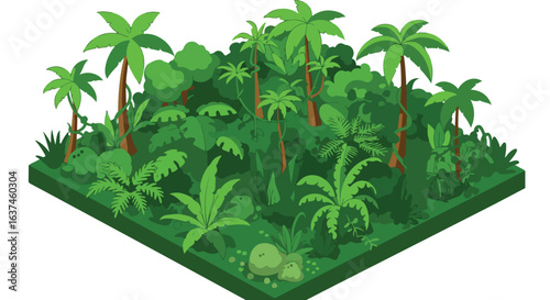 Isometric jungle island featuring palms & foliage on a platform, use for web/game design