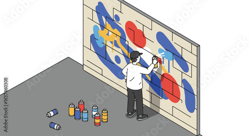 A person does street art on a brick wall with empty paint cans nearby