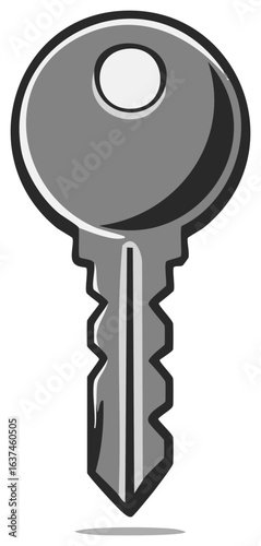 Gray Cartoon Key Illustration with Rounded Head and Serrated Blade