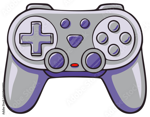 Illustration of a Retro Gaming Controller with buttons and direction pad in a light grey and purple color scheme