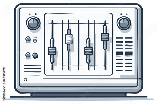 Digital illustration of vintage audio sound mixing console with equalizer sliders