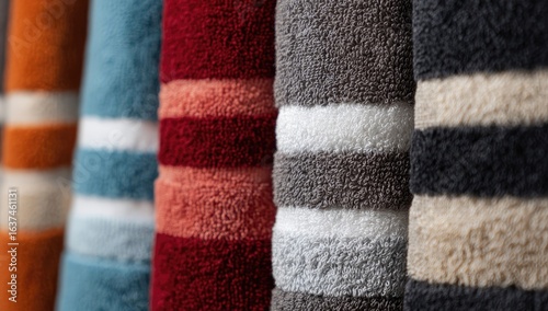 Rolled, striped bath towels in various colors hang in a row