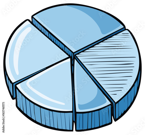 Hand drawn blue 3D pie chart illustration for business data and statistical analysis