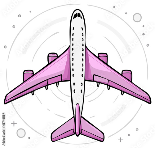 Overhead Illustration of a Pink and White Passenger Airplane in Flight with a Circle and Dot Pattern