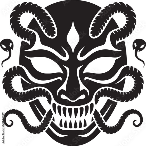 Striking black and white illustration of a demonic horned mask with snakes for edgy designs