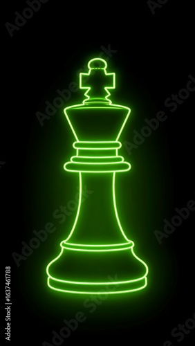 Neon green chess king piece on black background