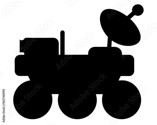 Black silhouette of a Mars rover with a satellite dish antenna