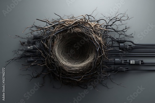 A digital artwork portraying a bird's nest intertwined with technology cables, symbolizing the merging of nature and technology.
