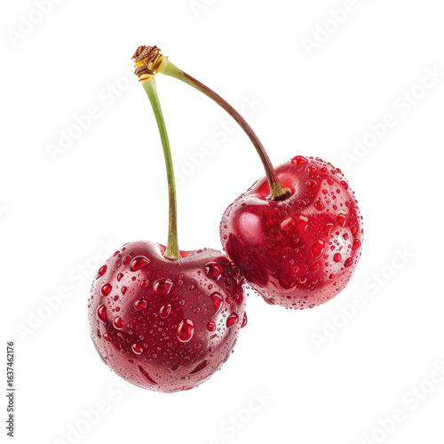 Two glistening red cherries, wet with water droplets, are shown against a black background.  The cherries are plump and glossy, with stems connecting them