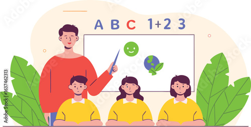 Teacher explaining lessons to pupils with environmental and alphabet concepts illustrated on a whiteboard for education