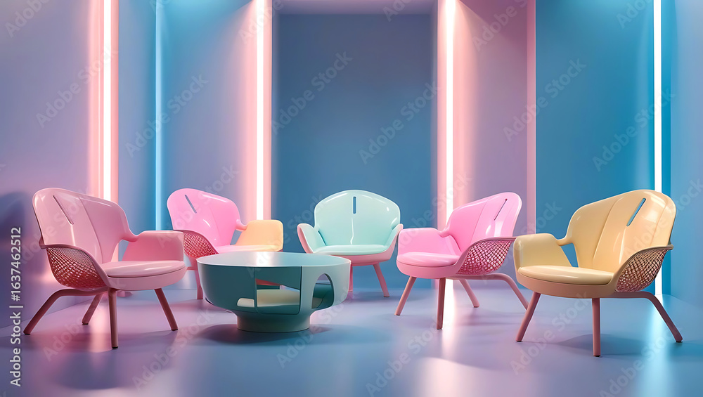 Fototapeta premium Retro futuristic lounge with colorful chairs and coffee table