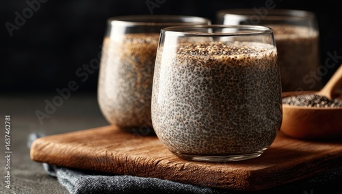 Three glasses of chia seed pudding on a wooden board