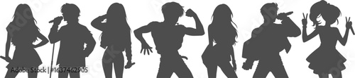 Set silhouette illustrations of kpop idols singing and dancing on stage. Flat vector kpop music star. Modern group dancers with various different styles, poses and choreography. Korean pop cultures.