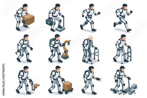 Enhancement elder labor running logistics exosuit vector support gear aid robotic icon