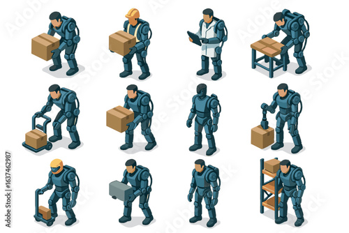 Technician assistance zone suit task pose robotic icons icon vector lift exosuit