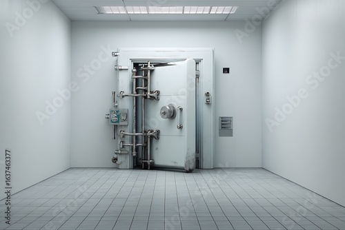 Ajar Bank Vault Door in a Sterile White Room, Symbolizing Security and Mystery