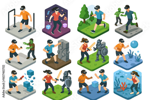 Training icon fitness challenge vr workout virtual fantasy course smashing chase vector