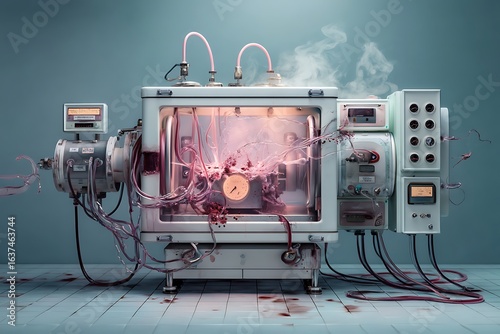 Surreal digital artwork depicting a malfunctioning experimental machine with blood-like fluid