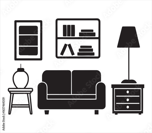 Elegant Black and White Living Room Interior Design Illustration Featuring Sofa Bookshelf and Lamp Creating a Cozy and Modern Space