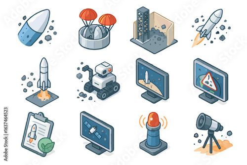 Collection analysis rocket panel satellite fairing space vector icon launch ejection beacon