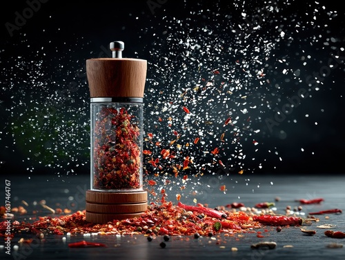 Spice grinder with scattered chili flakes