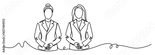 continuous line art of two woman working as a flight attendant isolated with a transparent background