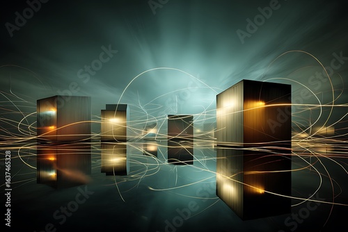 Glowing cubes interconnected by light trails reflected in a dark teal surface, creating a futuristic atmosphere.