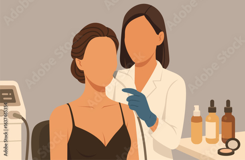 Flat vector illustrations beautiful woman with glowing skin gets facial by dermatologist in modern salon. Fashion model look, elegant hair, skincare, and beauty tools highlight luxury and self-care.