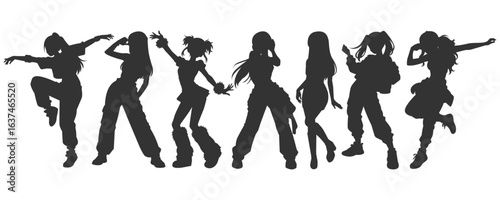 Set silhouette illustrations of kpop idols singing and dancing on stage. Flat vector kpop music star. Modern group dancers with various different styles, poses and choreography. Korean pop cultures.