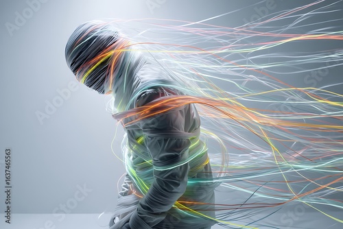 Enigmatic Figure Wrapped in Glowing Light Trails: A Futuristic Digital Art