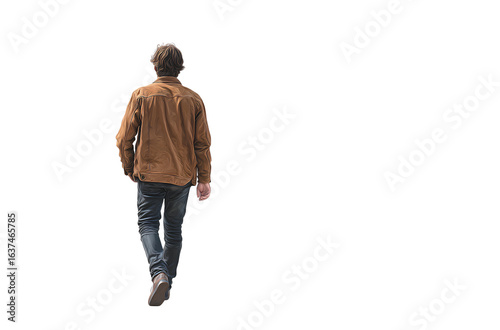  Full-body photograph of a man walking, viewed from the back, isolated against a white background. He is wearing dark blue jeans,  