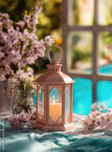 Pastel pink lantern, flowers, window, pool