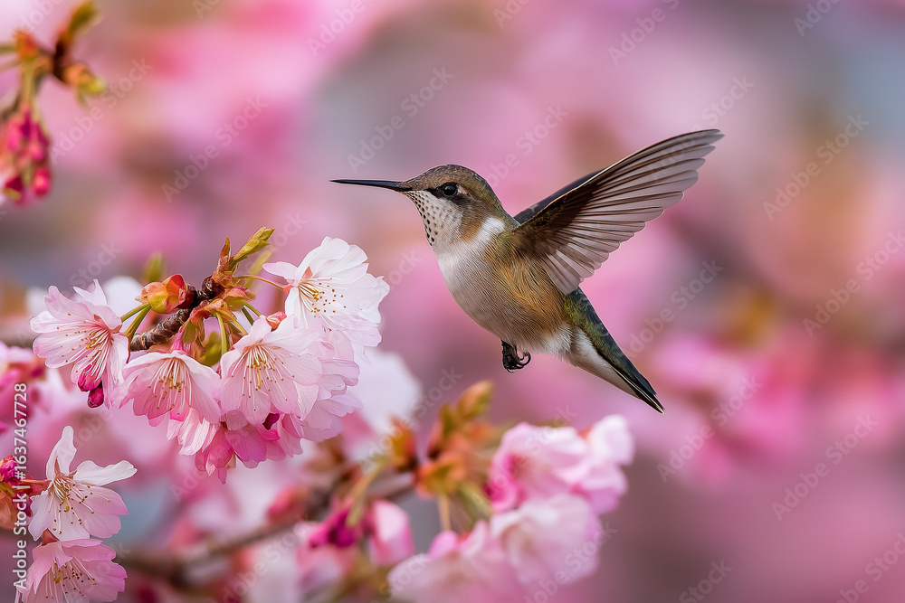 Naklejka premium ruby-throated hummingbird gracefully flying around pale pink blossoms, early morning light with blurred motion and flower detail, serene garden moment on white background
