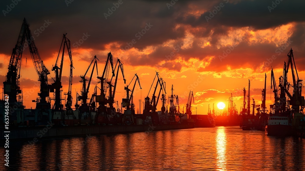 Obraz premium Silhouettes of harbor cranes at sunset.