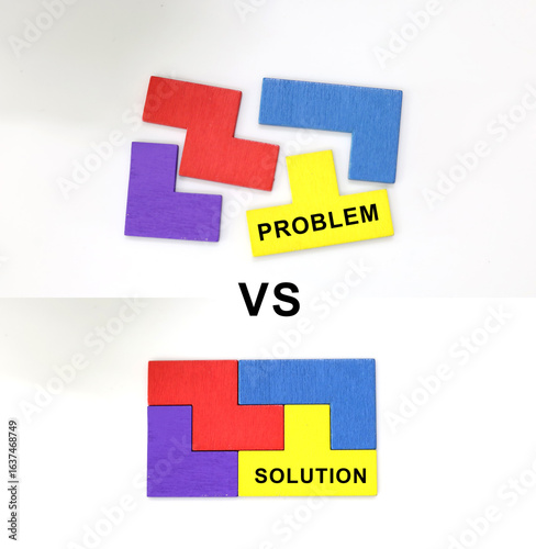 Solution for problem for business metaphor. Problem and solution words on the missing puzzle pieces. To find a solution for a problem